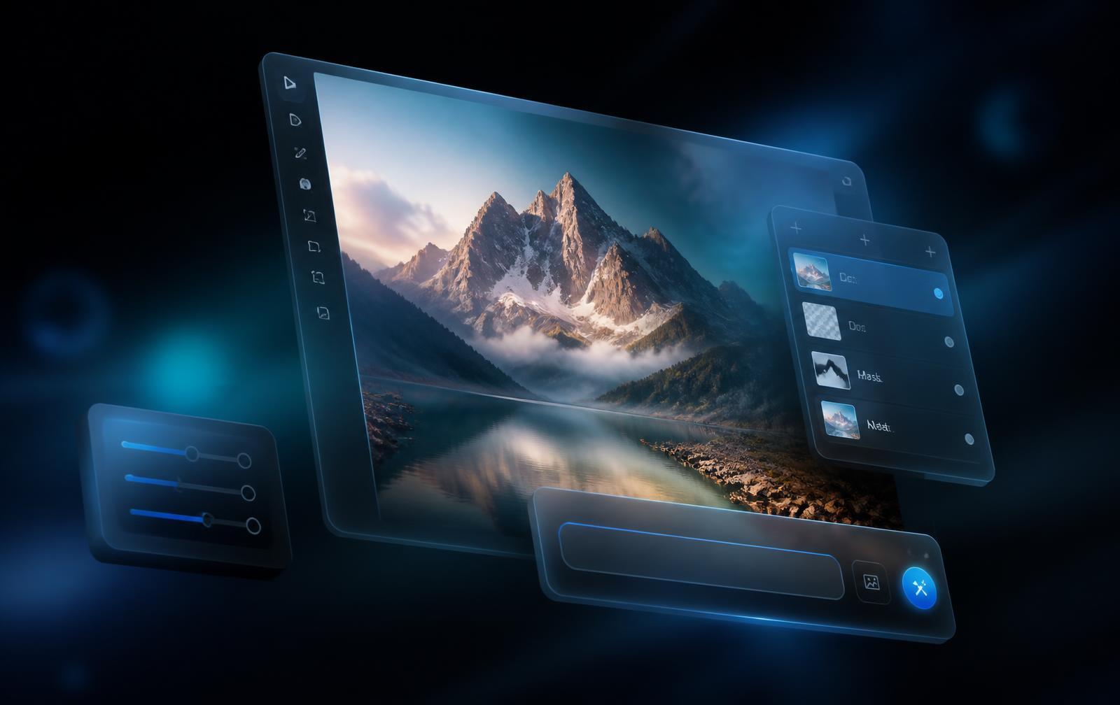 VEEO editing workspace with canvas, layer stack and prompt bar