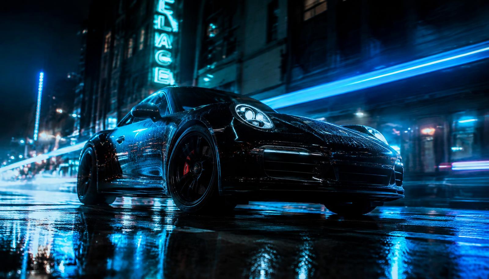 AI-generated luxury car advertisement at night with neon lighting